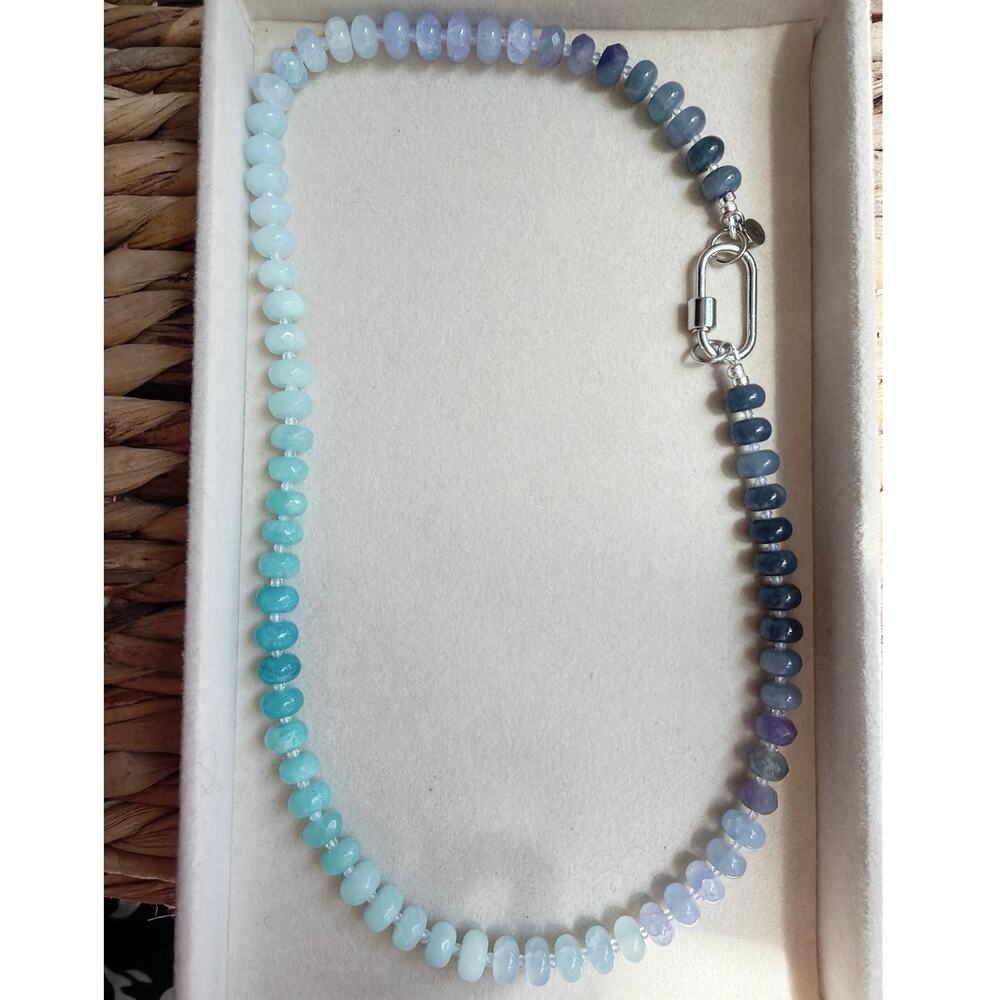 20" Beaded Gemstone Necklace, Ombre Blue, Purple, Jade, Amazonite, Quartz, Agate - Picture 5 of 7